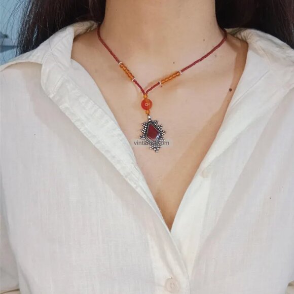 Beaded Chain Pendant Necklace, Ethnic Tribal Light Weight Necklace, Beaded Chain - Picture 2 of 10